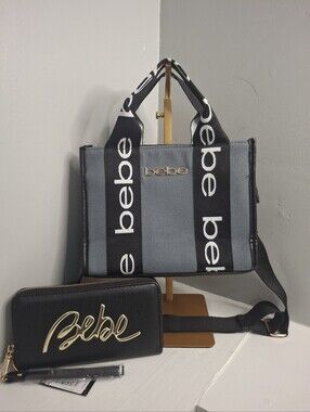Bebe Canvas Tote & Matching Wallet Set NWOT/NWT Black Gray Logo Crossbody